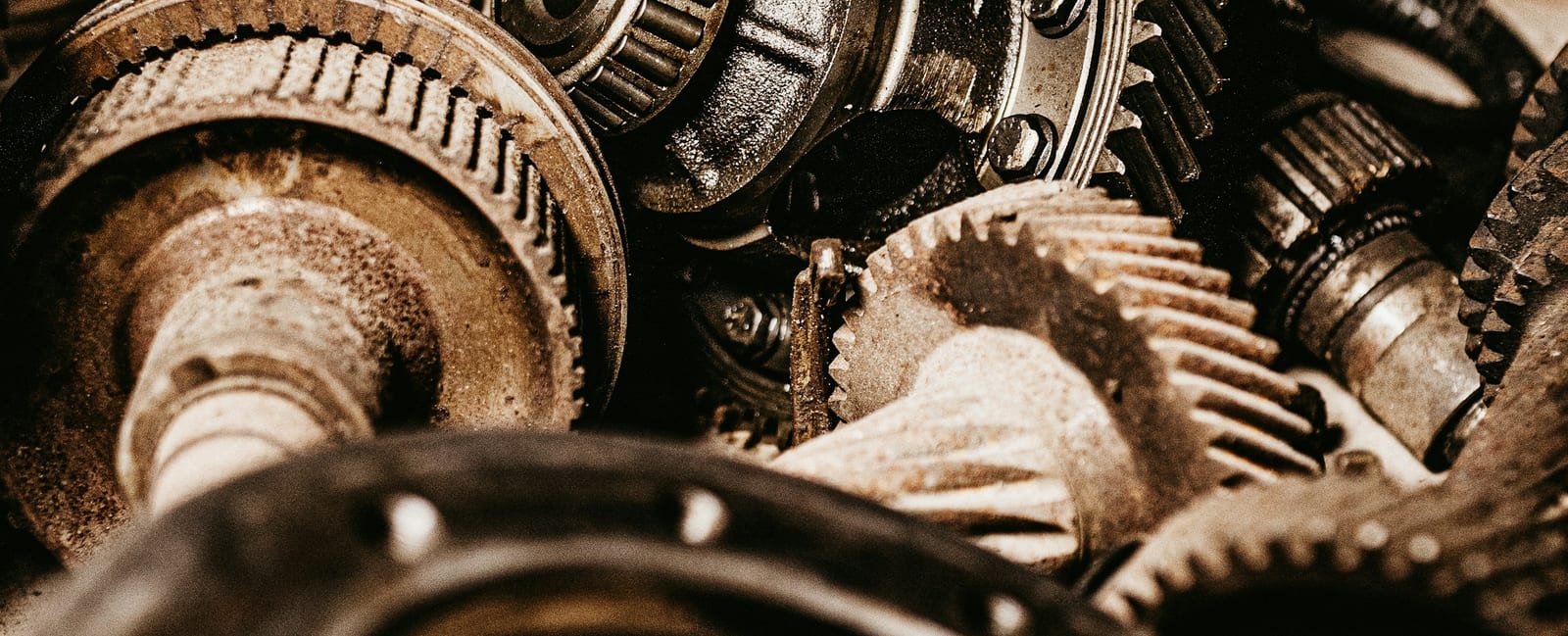 A pile of steel gears, photographed close up.