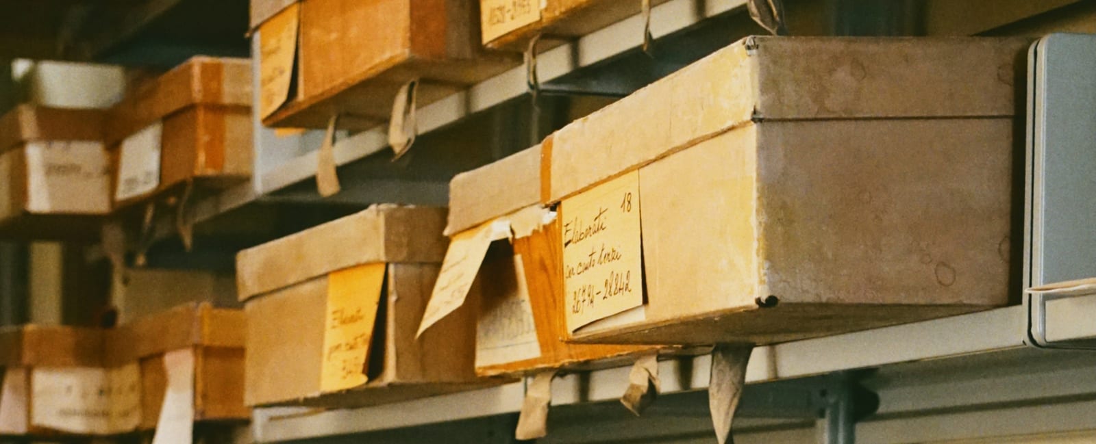 Shelves of labeled archive boxes.