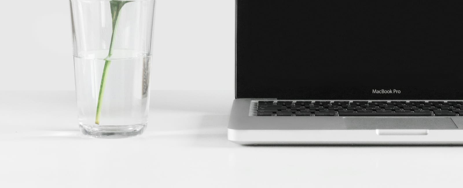 A laptop on a white desk beside a single leaf in a glass.