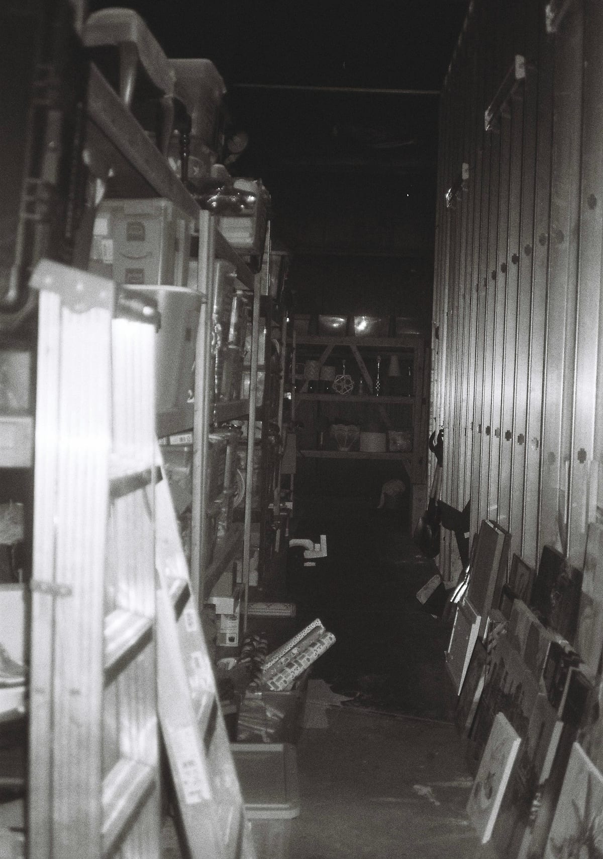 A storage room with tall shelves and a ladder.