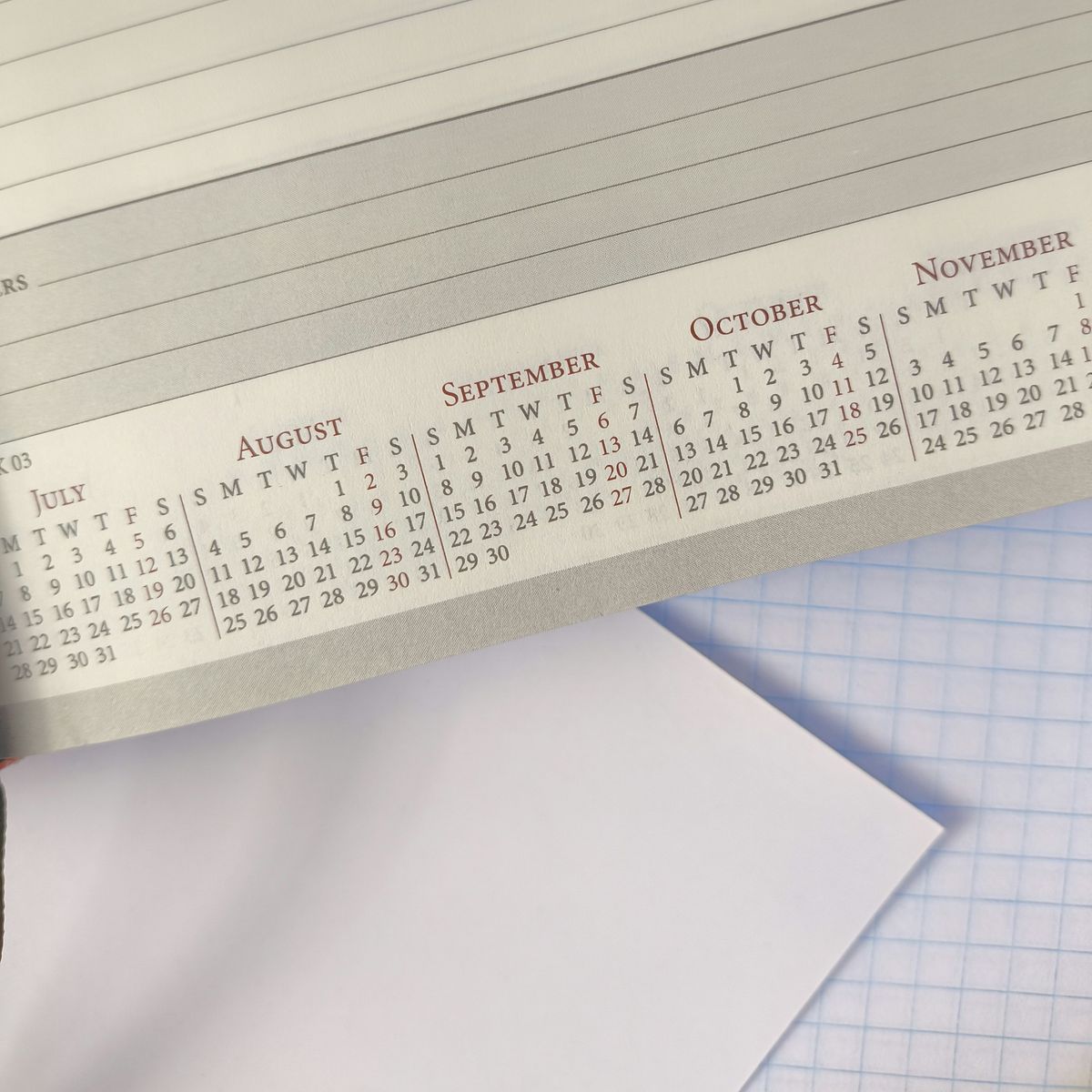 A printed planner page showing the months from July to November.
