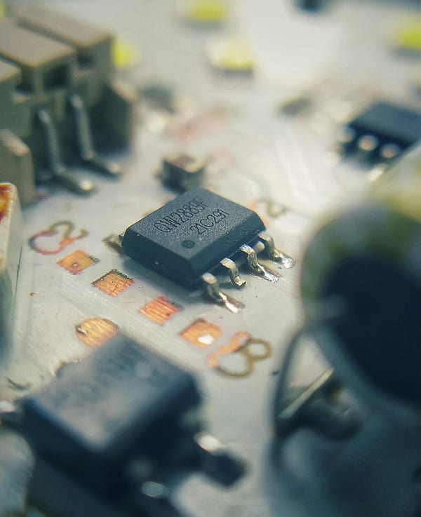 A microchip on a circuit board, photographed close up.